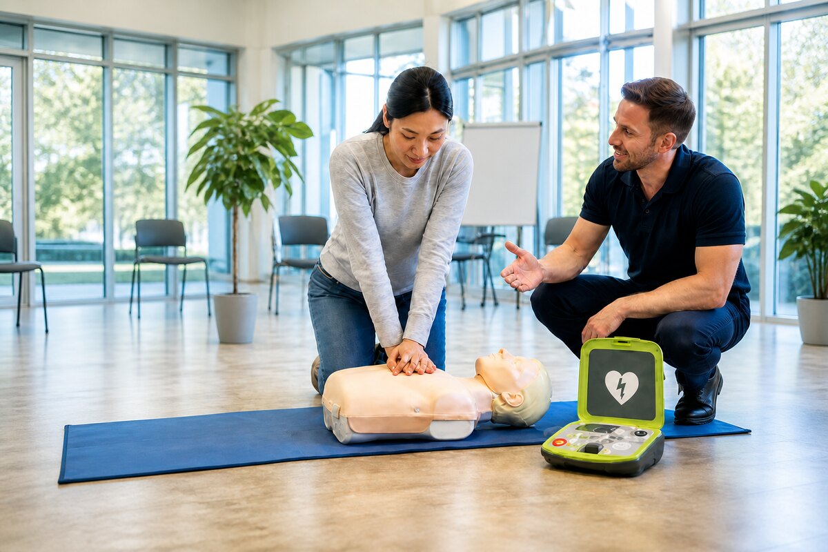 Une personne en formation pratique la RCR sur un mannequin aux côtés d’un instructeur et d’un DEA d’entraînement