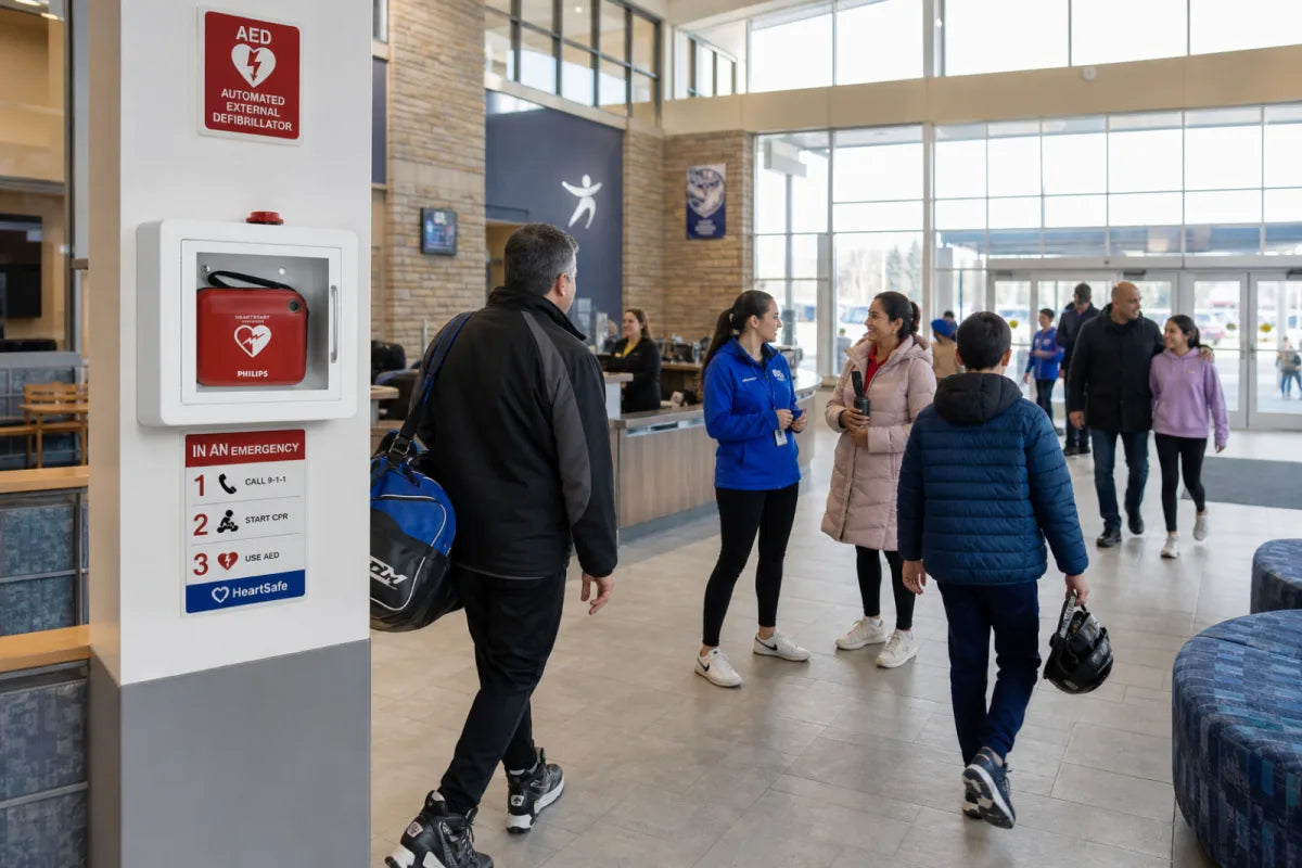 Visible Philips HeartStart AED in a community recreation centre