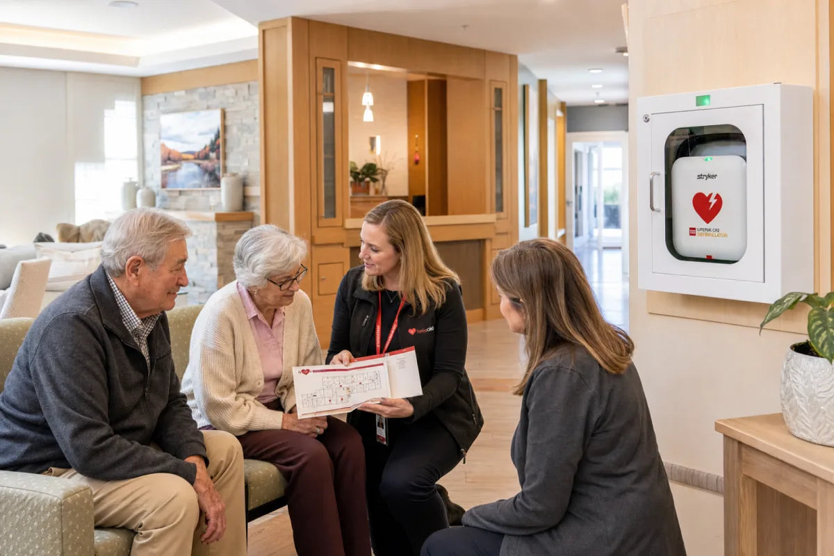 Senior-care community reviewing a response plan beside a Stryker LIFEPAK AED