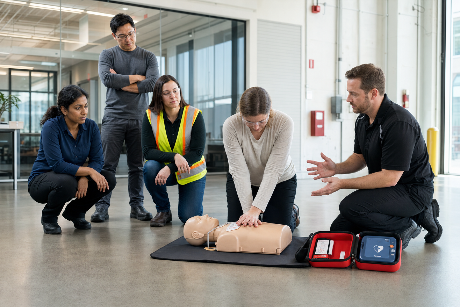 Workplace team practising CPR with a Philips HeartStart AED