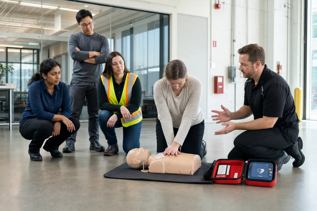 Workplace team practising CPR with a Philips HeartStart AED