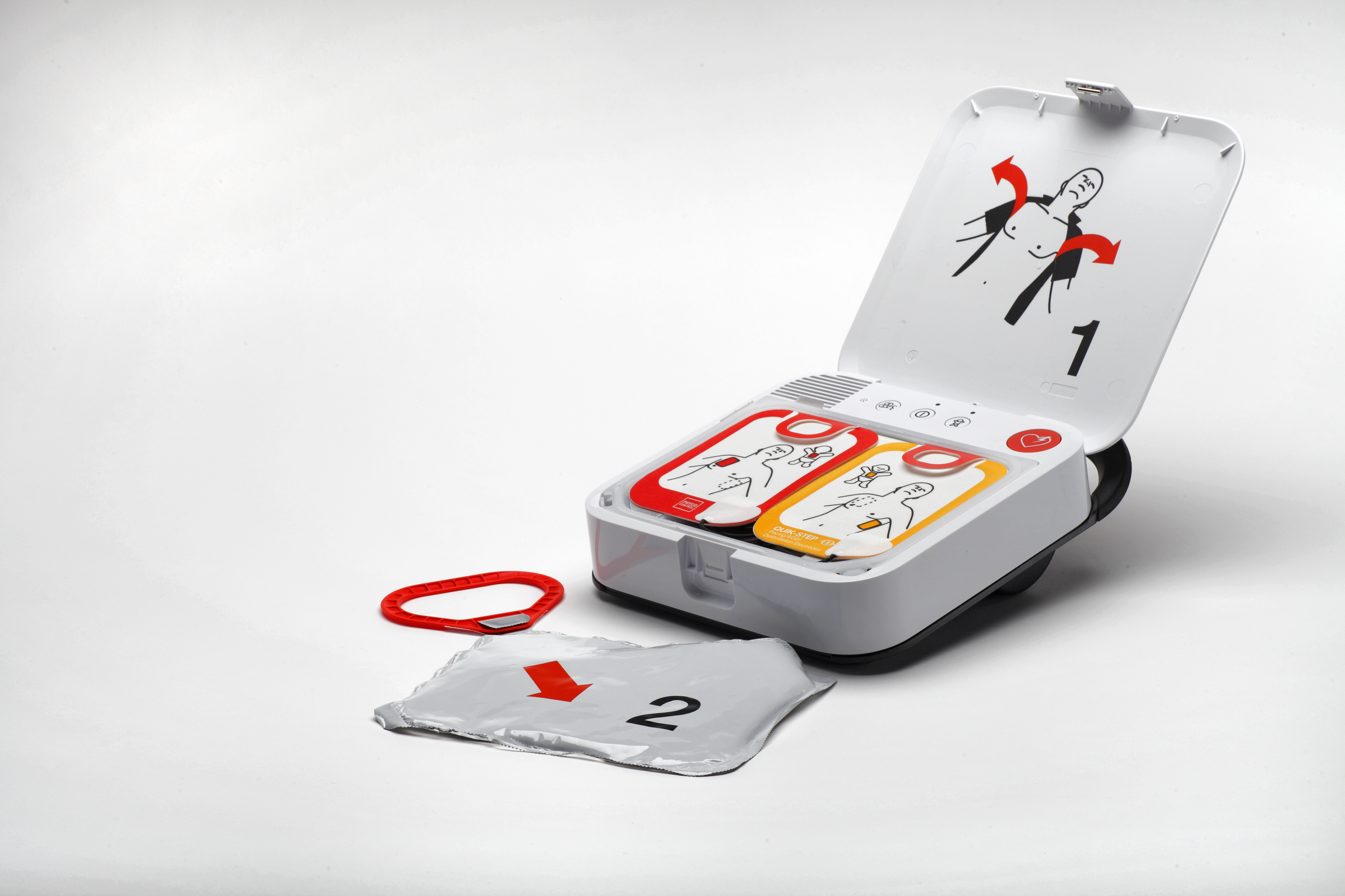 Stryker LIFEPAK CR2 AED open with electrodes visible